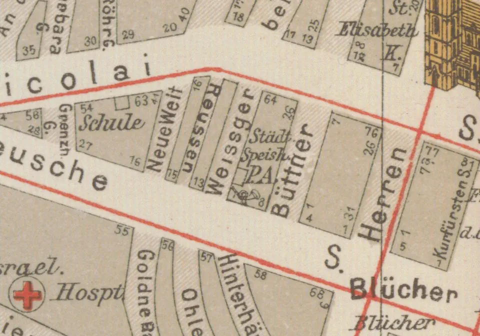 Fragment barwnego planu Wrocławia z około 1909 roku: ulica Büttner między ulicami Nicolai i Reusche, obok ulice Weissgerber i Herren oraz kościół św. Elżbiety.