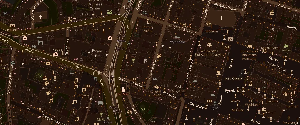 Mapa Starego Miasta we Wrocławiu, pinezka wskazuje R32 przy ul. Rzeźniczej 32-33