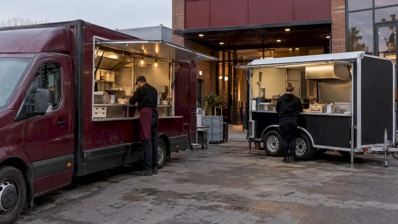 Food truck i przyczepa obok sali eventowej