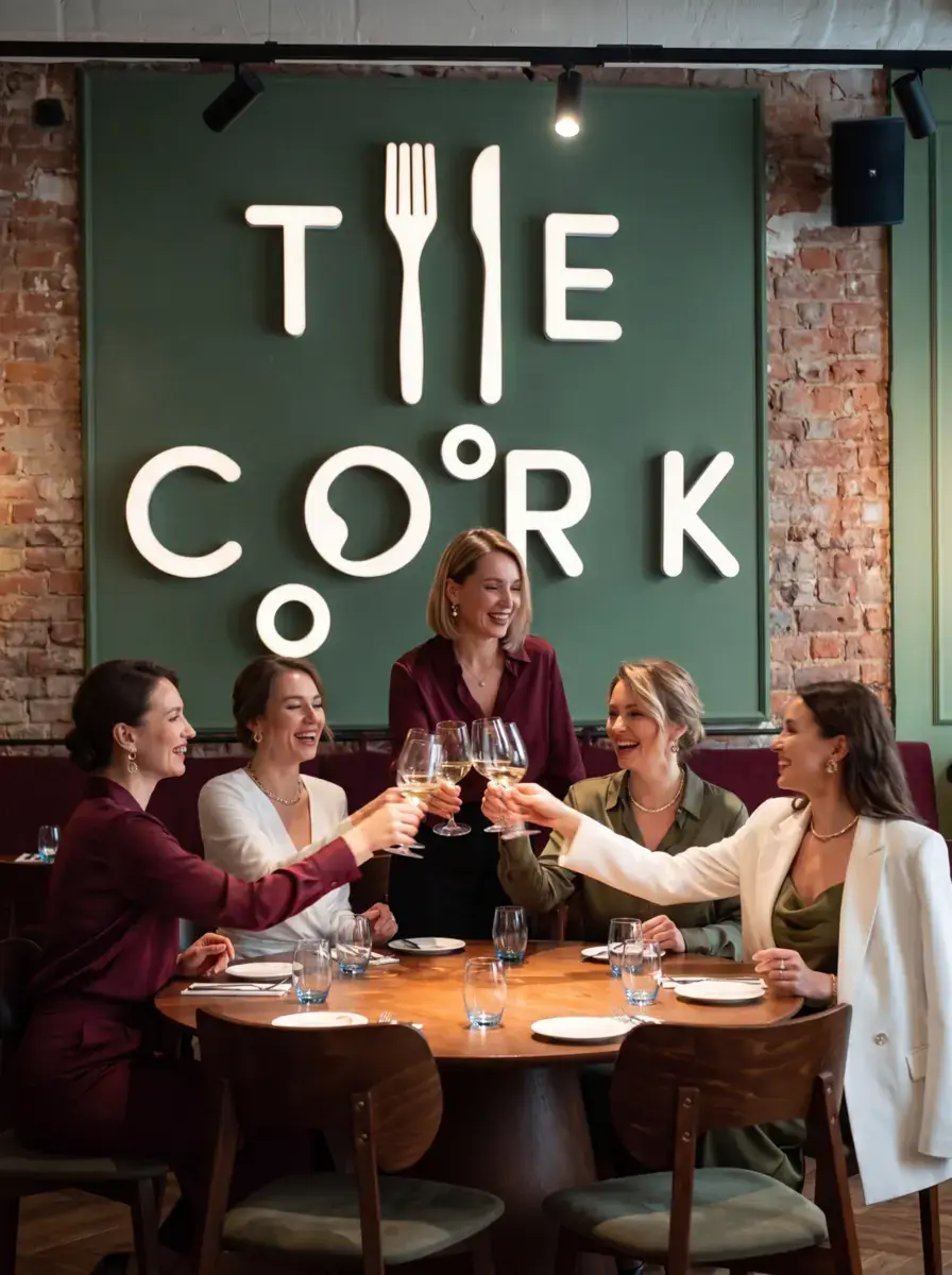 Goście wznoszą toast pod napisem The Cork